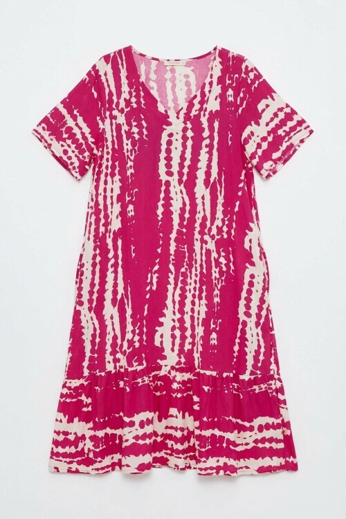 Fuşya Batik Desenli V Yaka Eteği Volanlı Oversize Elbise