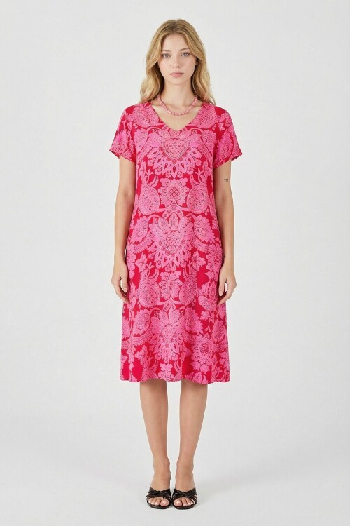 Fuşya Desenli V Yaka Kısa Kollu Midi Boy Elbise