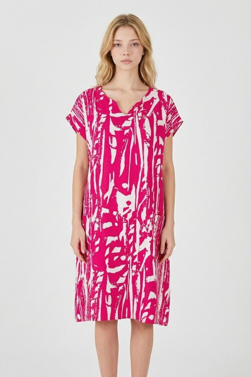 Fuşya Desenli V Yaka Yarasa Kol Oversize Midi Elbise