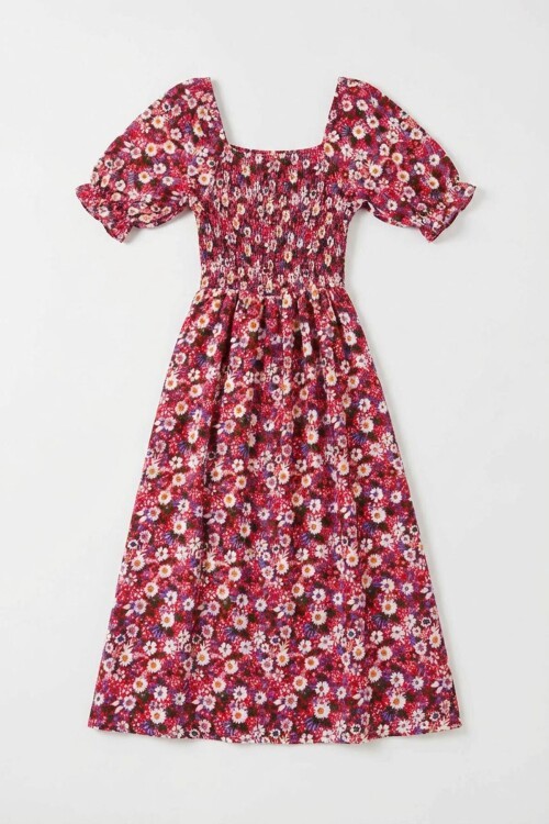 Fuşya Kare Yaka Beli Gipeli Çiçek Desenli Dokuma Yazlık Elbise