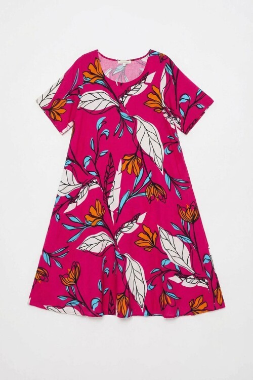 Fuşya Yaprak Desenli U Yaka Kısa Kollu Midi Boy Elbise