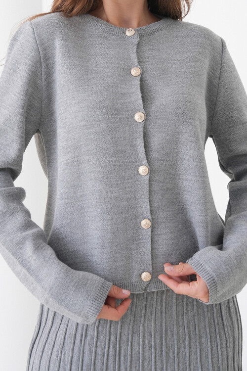 Gri Bisiklet Yaka Düğmeli Hırka Ve Pliseli Midi Boy Etek Takım BCHPK-251252