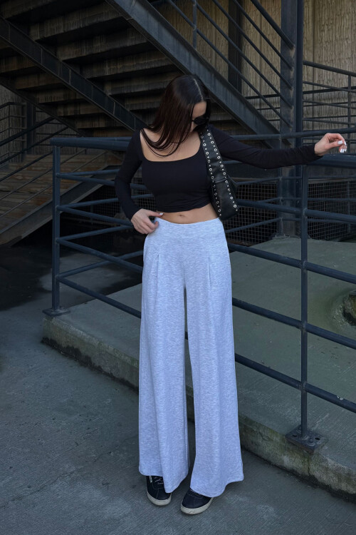 Gri Cepli İspanyol Paça Ultra Soft Kumaş Pantolon  BCDF-25P0001