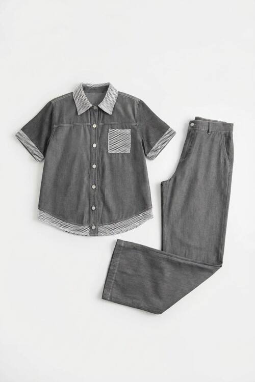 Gri File Detaylı Tensel Kot Kumaş Gömlek Ve Pantolon Alt Üst Takım