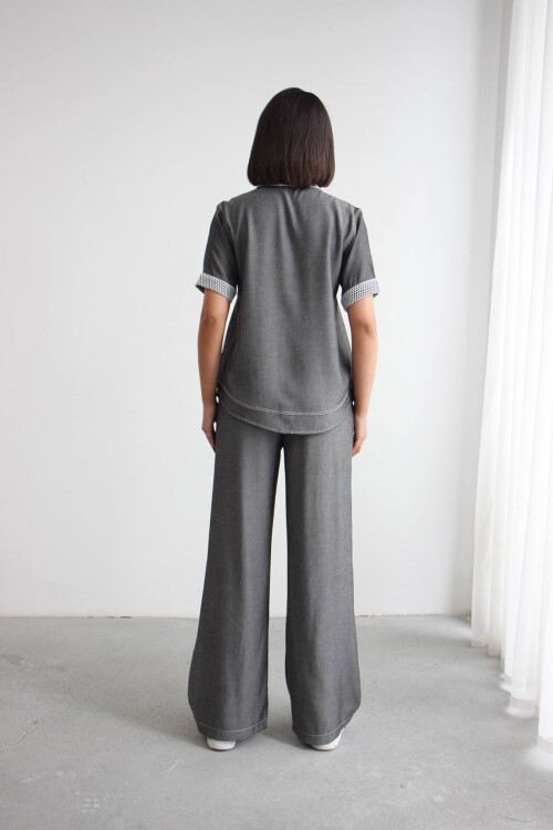 Gri File Detaylı Tensel Kot Kumaş Gömlek Ve Pantolon Alt Üst Takım
