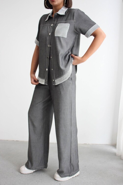 Gri File Detaylı Tensel Kot Kumaş Gömlek Ve Pantolon Alt Üst Takım