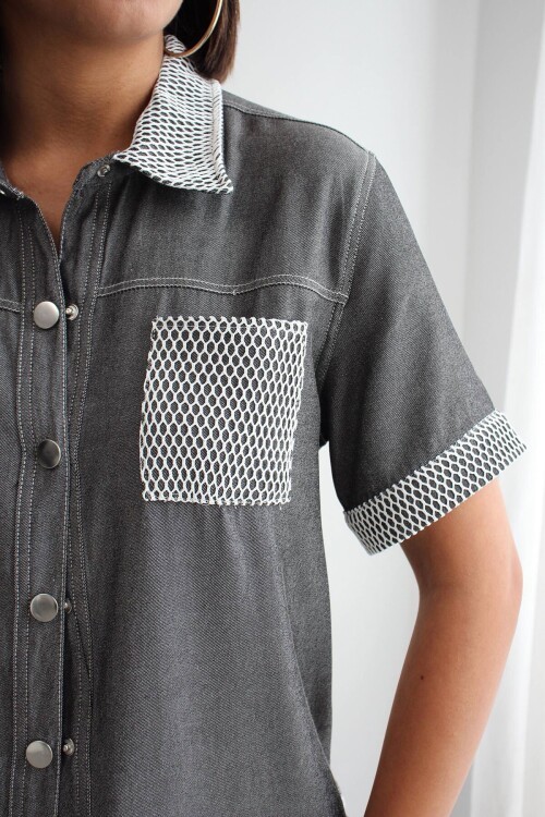 Gri File Detaylı Tensel Kot Kumaş Gömlek Ve Pantolon Alt Üst Takım