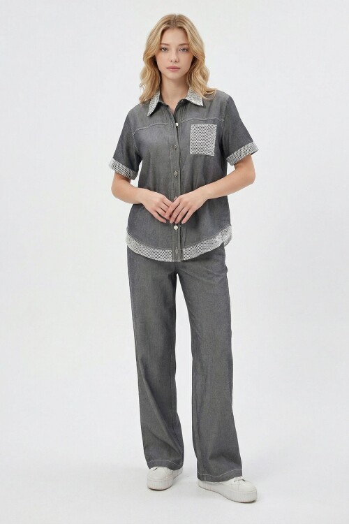 Gri File Detaylı Tensel Kot Kumaş Gömlek Ve Pantolon Alt Üst Takım