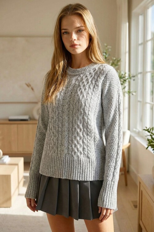 Gri Kalın Örgü Desenli Bisiklet Yaka Triko Kazak BCHPK-251250