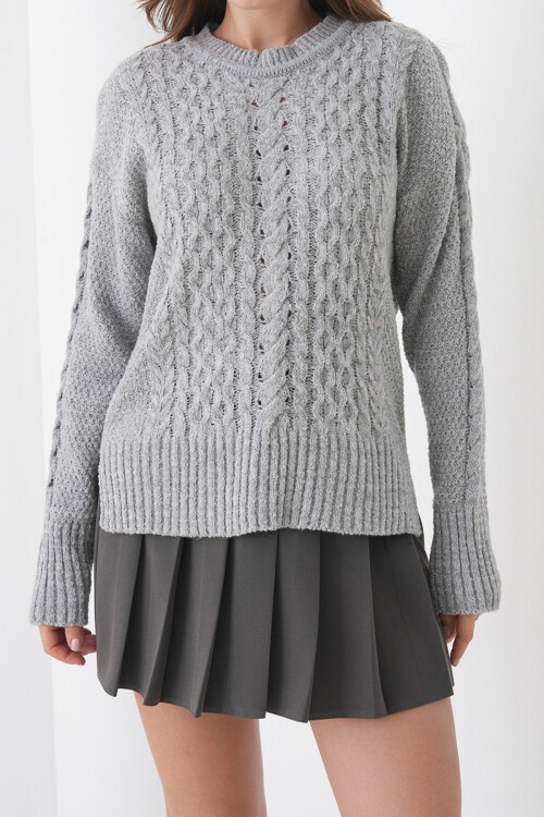 Gri Kalın Örgü Desenli Bisiklet Yaka Triko Kazak BCHPK-251250