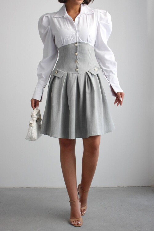 Gri Pileli Çizgili Dokuma Gömlek Elbise