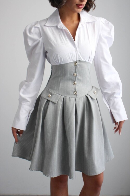 Gri Pileli Çizgili Dokuma Gömlek Elbise