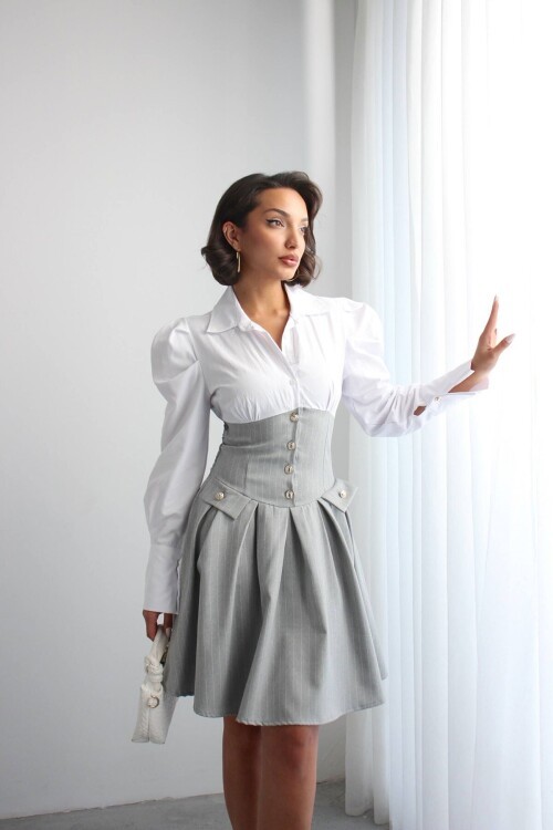 Gri Pileli Çizgili Dokuma Gömlek Elbise