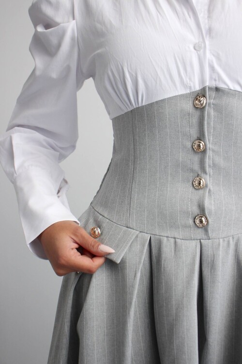 Gri Pileli Çizgili Dokuma Gömlek Elbise