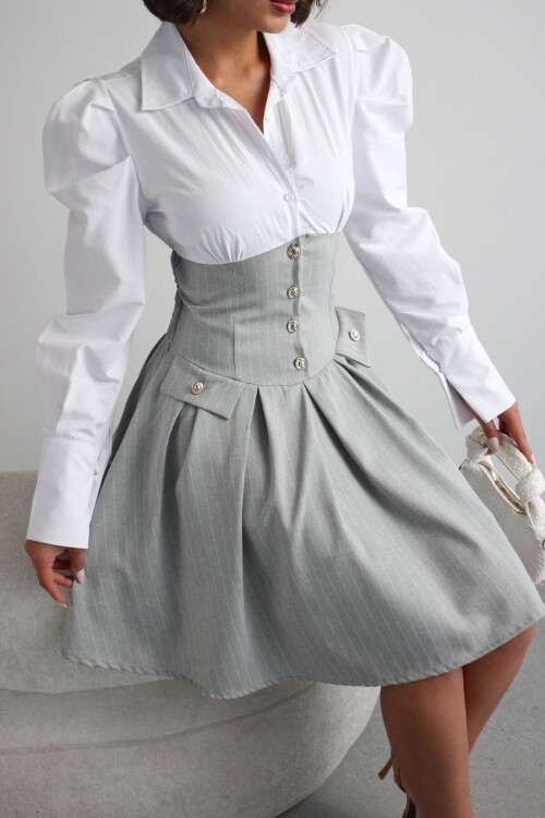 Gri Pileli Çizgili Dokuma Gömlek Elbise