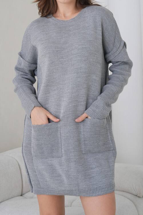 Gri Ribanalı Bisiklet Yaka Mini Triko Elbise BCHPK-251239