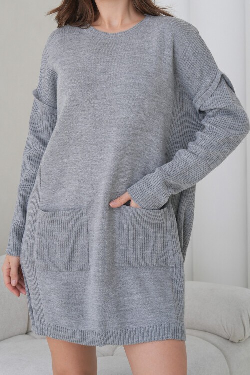 Gri Ribanalı Bisiklet Yaka Mini Triko Elbise BCHPK-251239