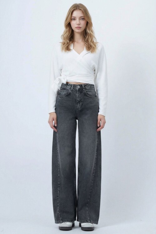 Gri Yüksek Bel 5 Cepli Baggy Jean