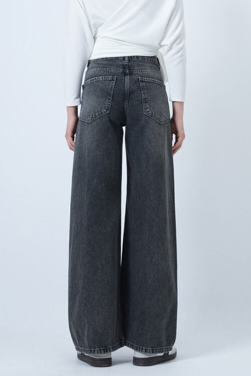 Gri Yüksek Bel 5 Cepli Baggy Jean