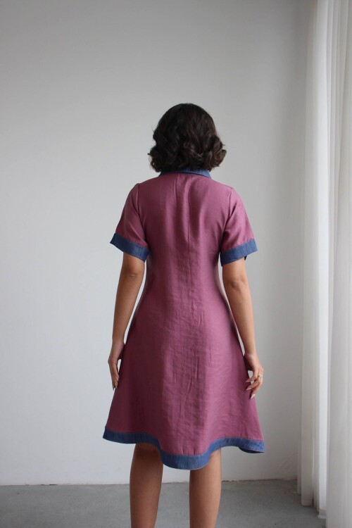 Gül Kurusu Denim Garnili Düğmeli Tensel Dokuma Elbise