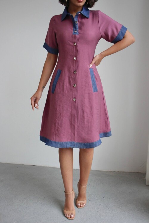 Gül Kurusu Denim Garnili Düğmeli Tensel Dokuma Elbise