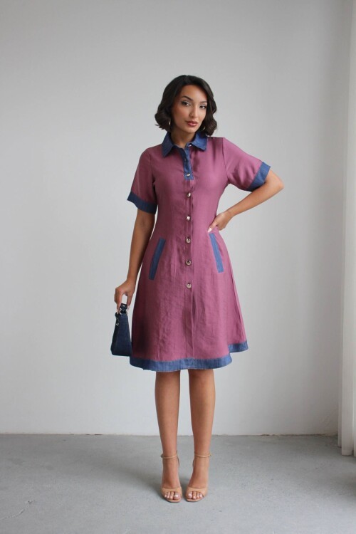 Gül Kurusu Denim Garnili Düğmeli Tensel Dokuma Elbise