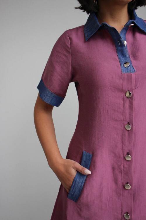 Gül Kurusu Denim Garnili Düğmeli Tensel Dokuma Elbise