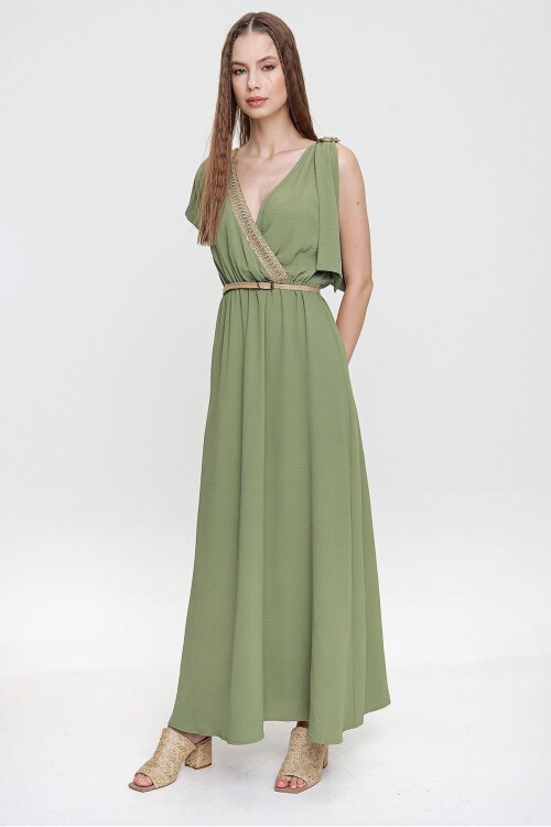 Haki Airobin Omzu Tokalı Hasır Detaylı Beli Büzgülü Uzun Elbise