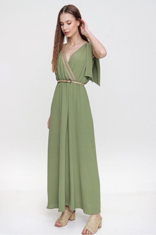 Haki Airobin Omzu Tokalı Hasır Detaylı Beli Büzgülü Uzun Elbise