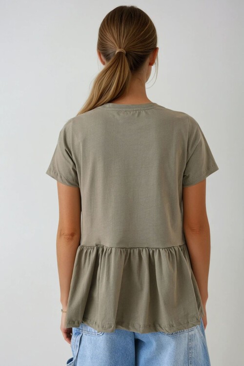 Haki Bel Altı Volanlı Bisiklet Yaka Bluz BCHPK-251247