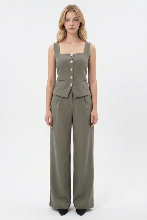 Haki Brit Detaylı Kare Yaka Crep Bluz Ve Pantolon Alt Üst Takım