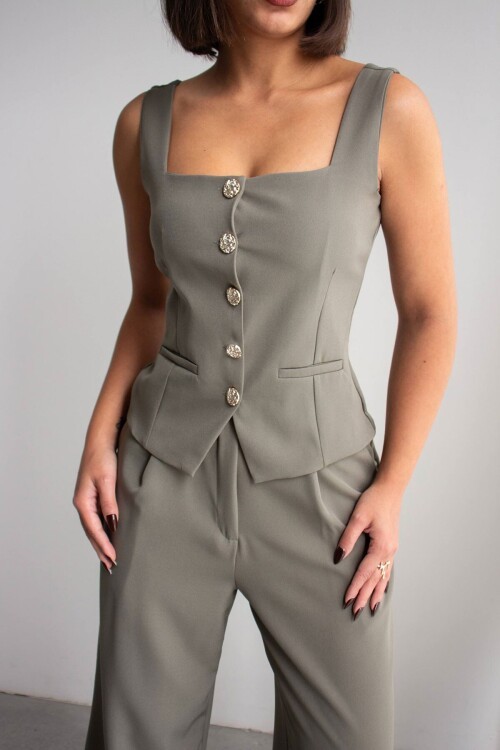 Haki Brit Detaylı Kare Yaka Crep Bluz Ve Pantolon Alt Üst Takım