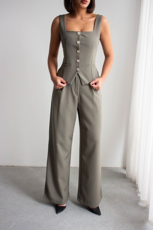 Haki Brit Detaylı Kare Yaka Crep Bluz Ve Pantolon Alt Üst Takım