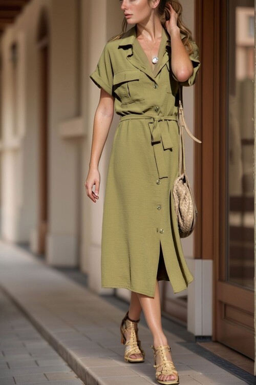 Haki Cepli Kemerli Safari Airobin Elbise