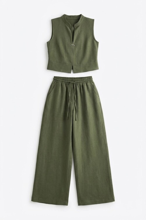 Haki Hakim Yaka Bluz Ve Beli Lastikli Dokuma Pantolon Alt Üst Takım