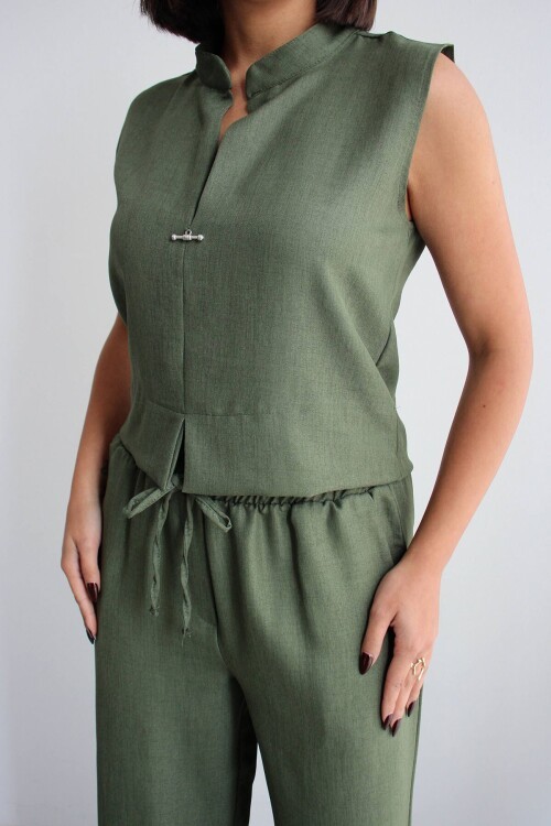 Haki Hakim Yaka Bluz Ve Beli Lastikli Dokuma Pantolon Alt Üst Takım