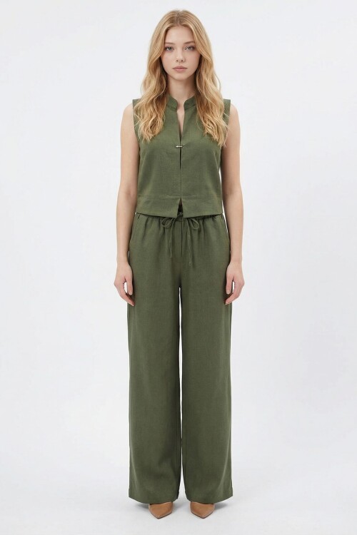 Haki Hakim Yaka Bluz Ve Beli Lastikli Dokuma Pantolon Alt Üst Takım