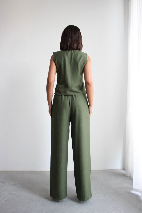 Haki Hakim Yaka Bluz Ve Beli Lastikli Dokuma Pantolon Alt Üst Takım