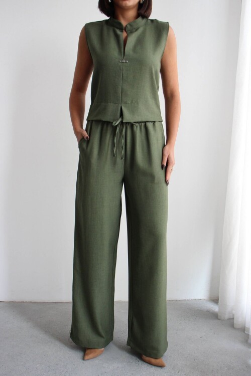 Haki Hakim Yaka Bluz Ve Beli Lastikli Dokuma Pantolon Alt Üst Takım