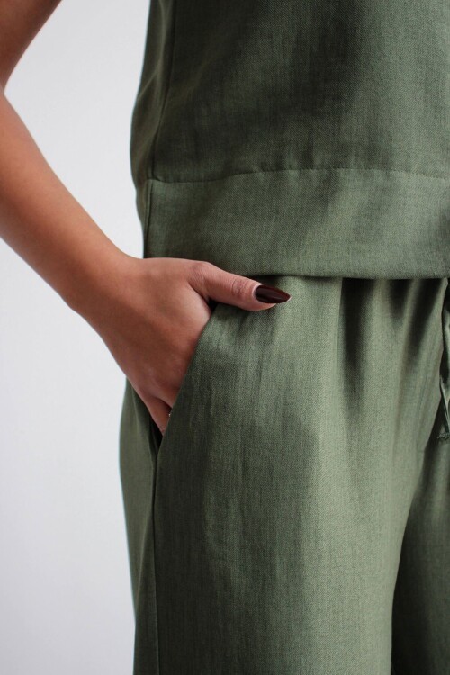 Haki Hakim Yaka Bluz Ve Beli Lastikli Dokuma Pantolon Alt Üst Takım