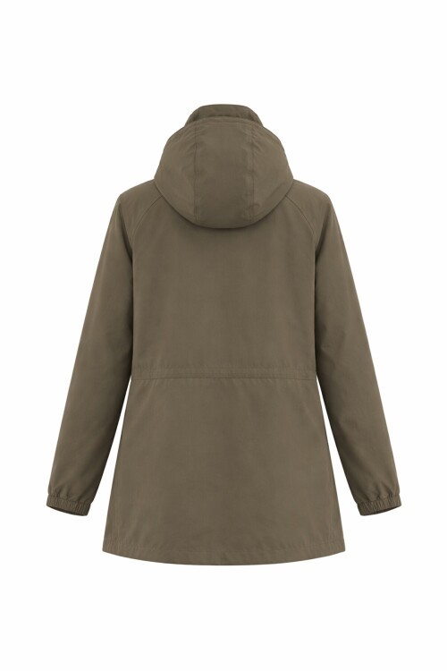 Haki Kapüşonlu Fermuarlı Çift Cepli Yağmurluk Ceket