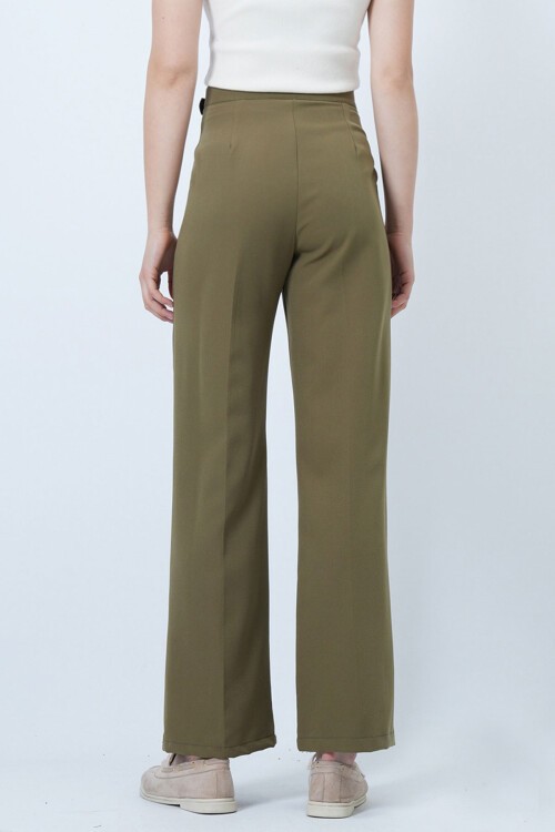 Haki Kemerli Düğme Kapamalı Çift Cepli Palazzo Pantolon BCHAV-251230