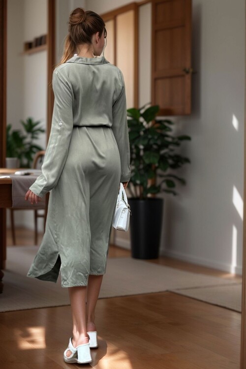 Haki Kendinden Kuşaklı Uzun Gömlek Elbise