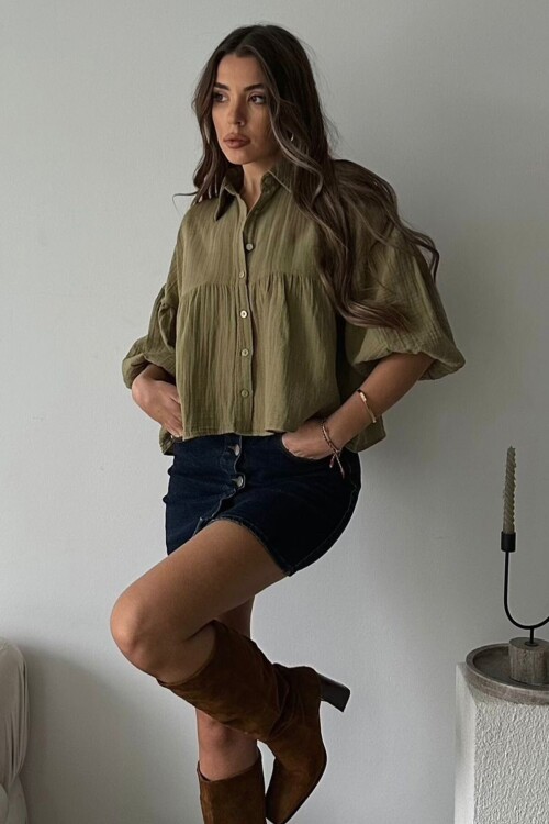 Haki Kısa Kol Müslin Kumaş Premium Gömlek