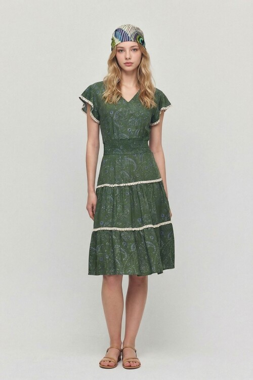 Haki V Yaka Nervürlü Çiçek Desenli Yazlık Viscon Elbise