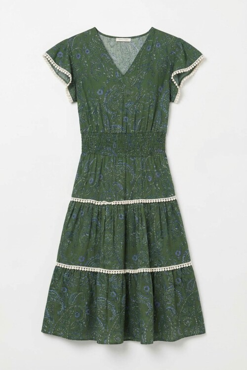 Haki V Yaka Nervürlü Çiçek Desenli Yazlık Viscon Elbise