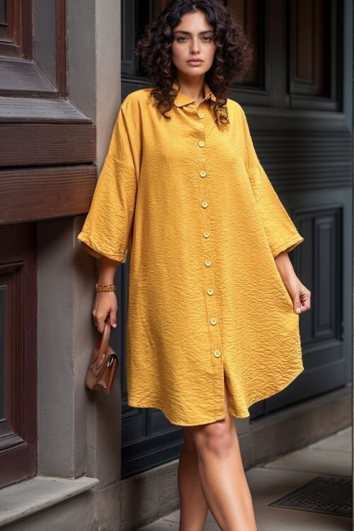 Hardal Keten Görünümlü Truvakar Kol Salaş Gömlek Elbise