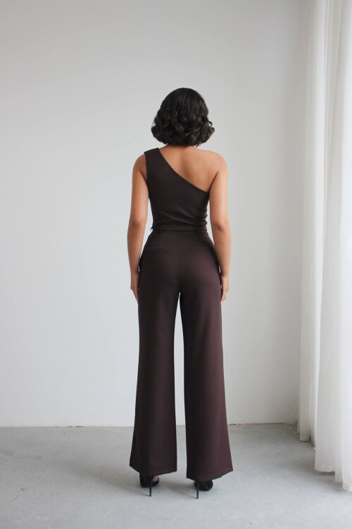 Kahve Aksesuar Detaylı Bluz Ve Pantolon Dokuma Alt Üst Takım