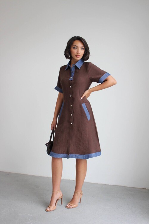 Kahve Denim Garnili Düğmeli Tensel Dokuma Elbise