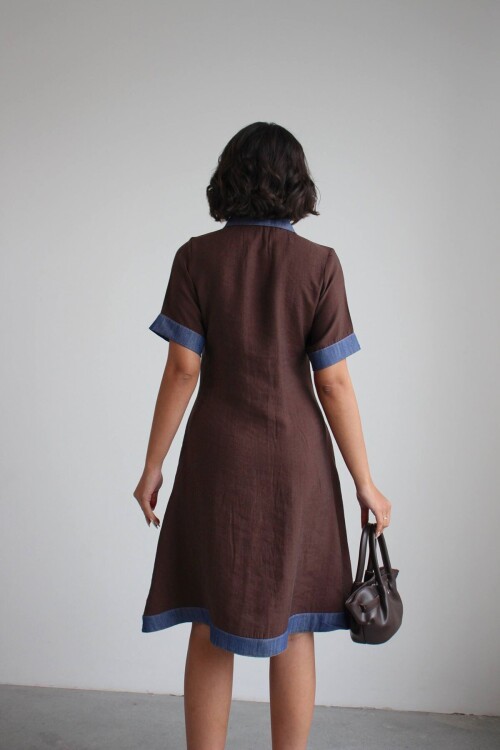 Kahve Denim Garnili Düğmeli Tensel Dokuma Elbise